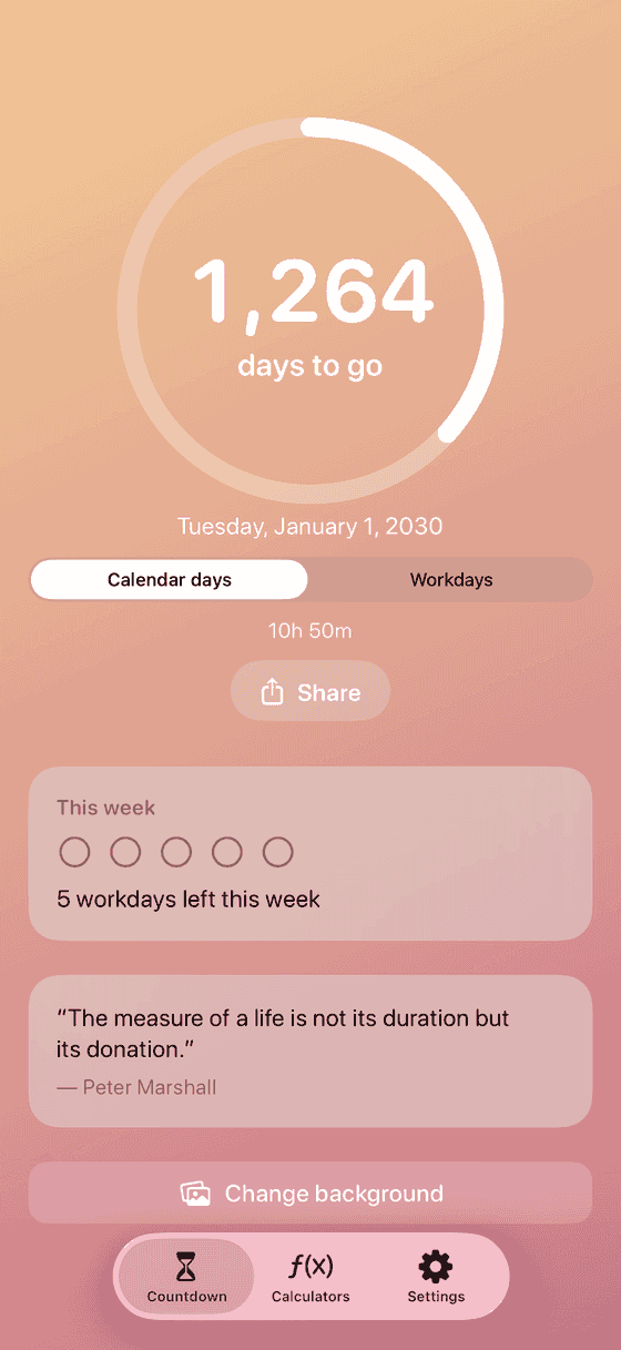Pensora home screen showing 1,264 days until retirement
