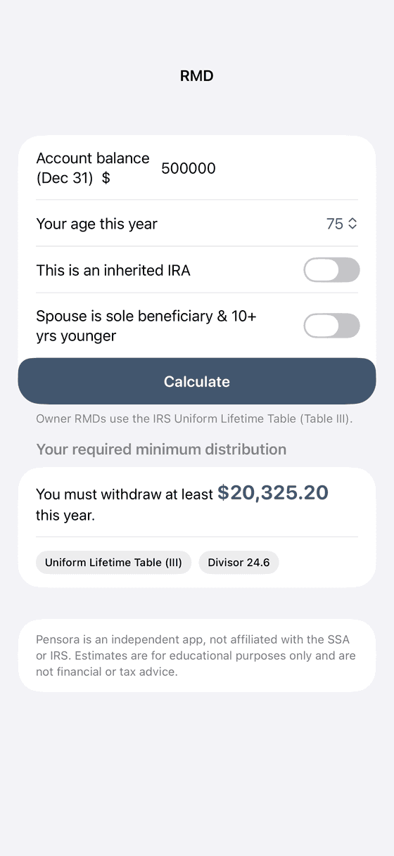 Pensora RMD calculator showing the required withdrawal and IRS divisor